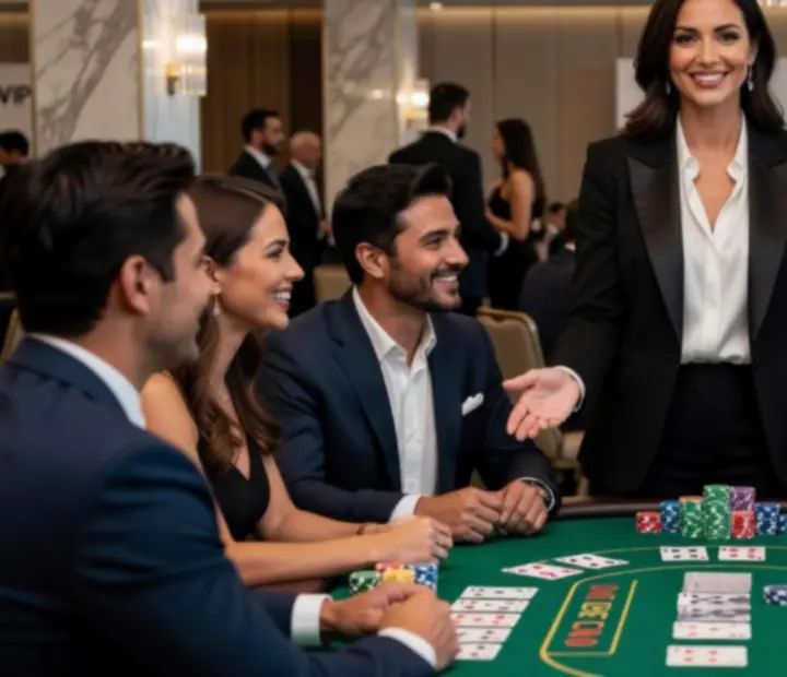 Profesionální dealer vede pokerovou hru během společenské akce