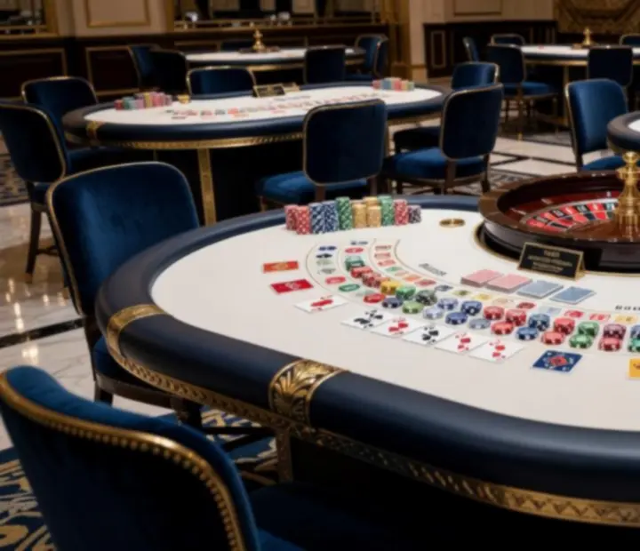 Profesionální pokerové, ruletové a blackjackové stoly připravené pro kasinovou párty