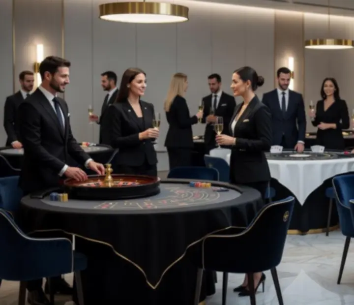 Elegantní interiér kasinové párty Luzenta s pokerovými a ruletovými stoly