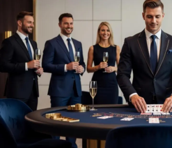 Profesionální krupiér vede blackjackovou hru na firemní akci